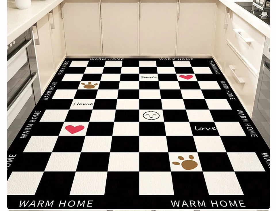 Kitchen Carpet Large Anti-slip Pvc Leather Waterproof Oil-proof Floor Mat Black White Checkerboard Carpets Home Decoration Rug