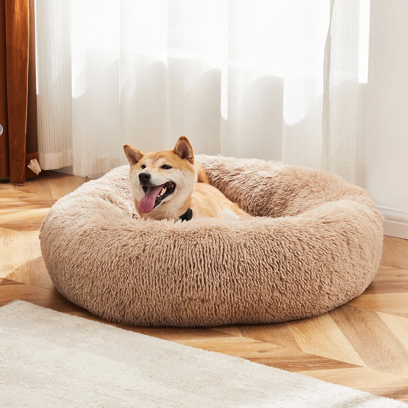 Calming Dog Bed for Medium to Large Dogs Washable Large Pet Bed Anti-Slip Round Fluffy Plush Faux Fur Dog Bed Silicone mat pet