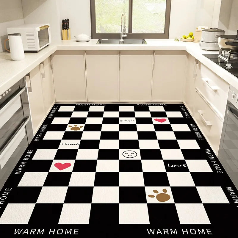 Kitchen Carpet Large Anti-slip Pvc Leather Waterproof Oil-proof Floor Mat Black White Checkerboard Carpets Home Decoration Rug