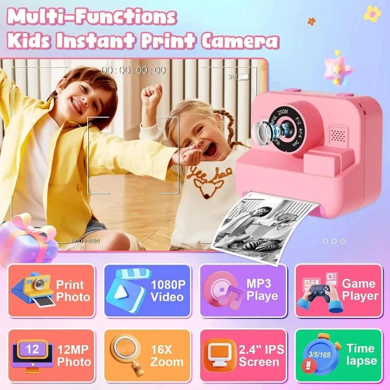 Digital Children Camera with Instant Print Video Recording 32G Card and Thermal Printing - Perfect Gift for Kids Educational Toy