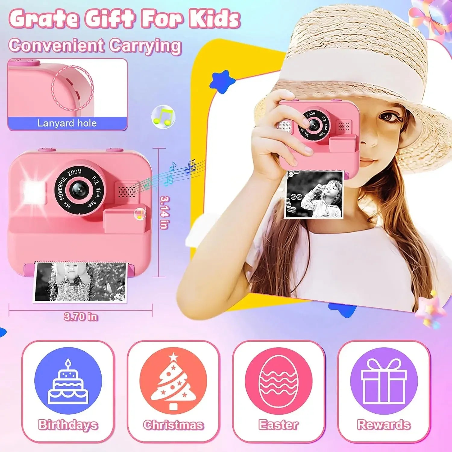 Digital Children Camera with Instant Print Video Recording 32G Card and Thermal Printing - Perfect Gift for Kids Educational Toy