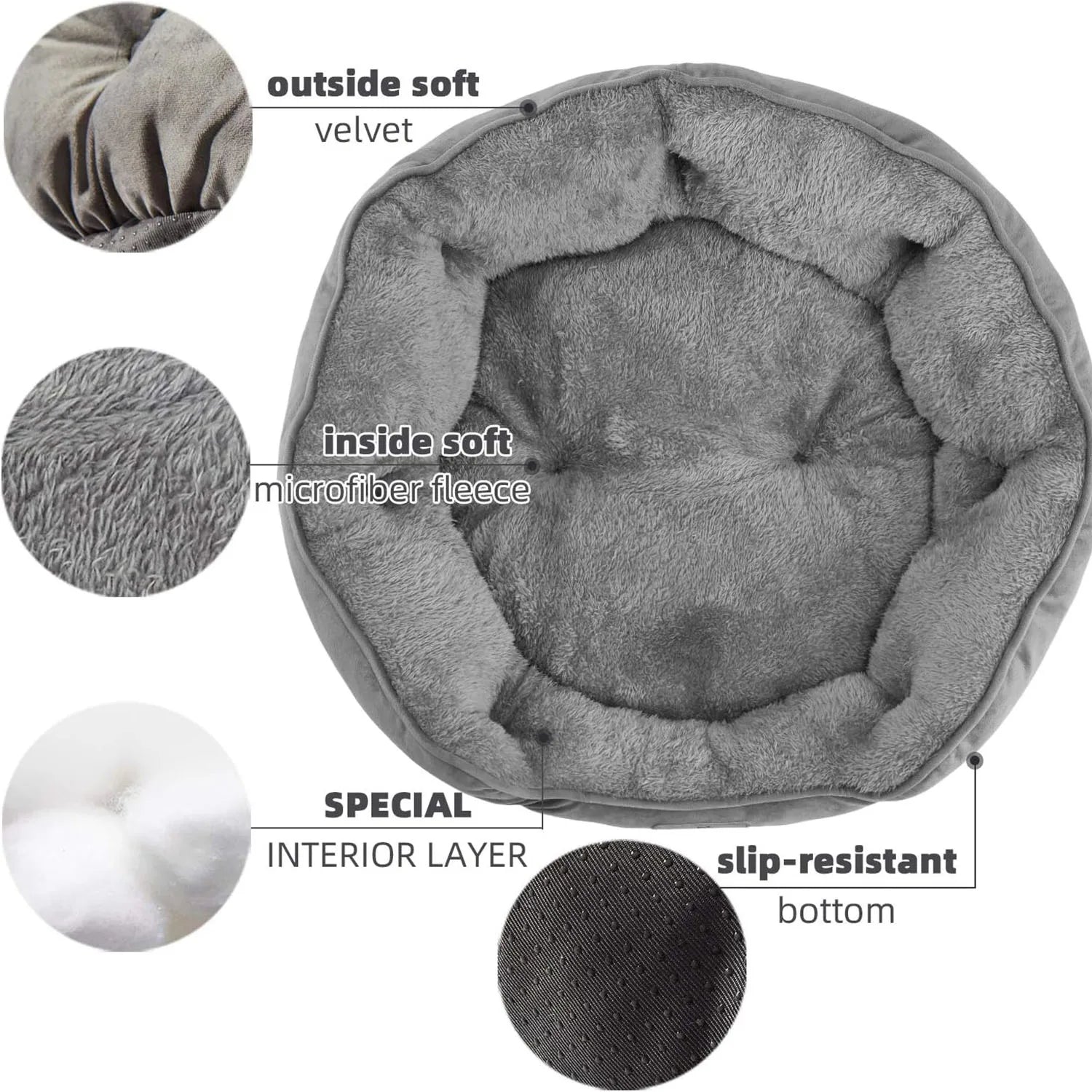 Pet Bed for Small and Large Pets, Soft, Washable, Non-Slip Base, Water Resistant, Grey, 50 cm