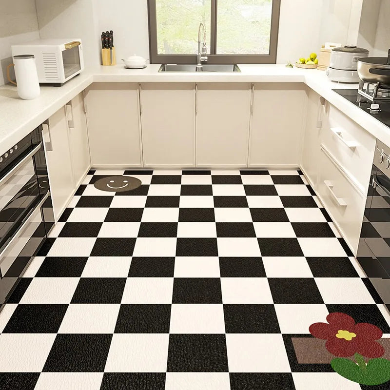 Kitchen Carpet Large Anti-slip Pvc Leather Waterproof Oil-proof Floor Mat Black White Checkerboard Carpets Home Decoration Rug