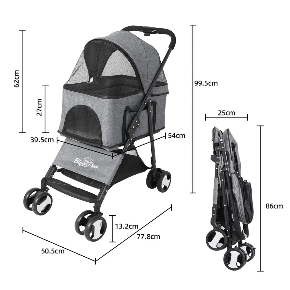 Pet Dog Stroller Foldable Travel Carrier Strolling Cart Cat Dog Pushchair Jogger Dog Pram Cat Buggy with 4 Wheels and Rain Cover