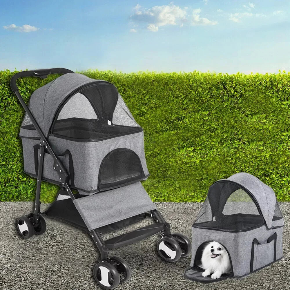 Pet Dog Stroller Foldable Travel Carrier Strolling Cart Cat Dog Pushchair Jogger Dog Pram Cat Buggy with 4 Wheels and Rain Cover