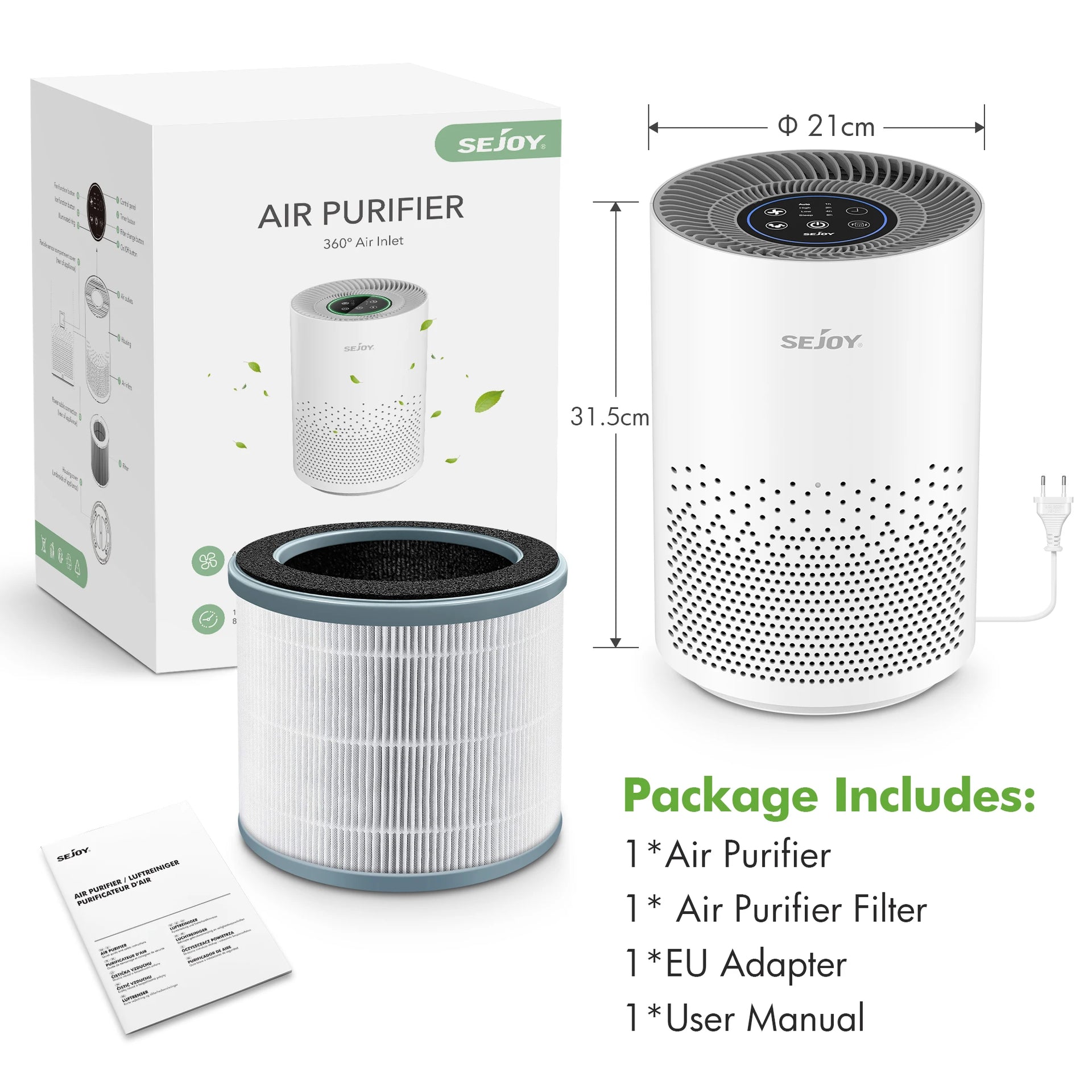 True HEPA Air Purifier Hepa Filter,4 Speeds,Timers Ionizer Cold Plasma 360° Air Inlet 99.9% Removal Rate For Indoor Bedroom