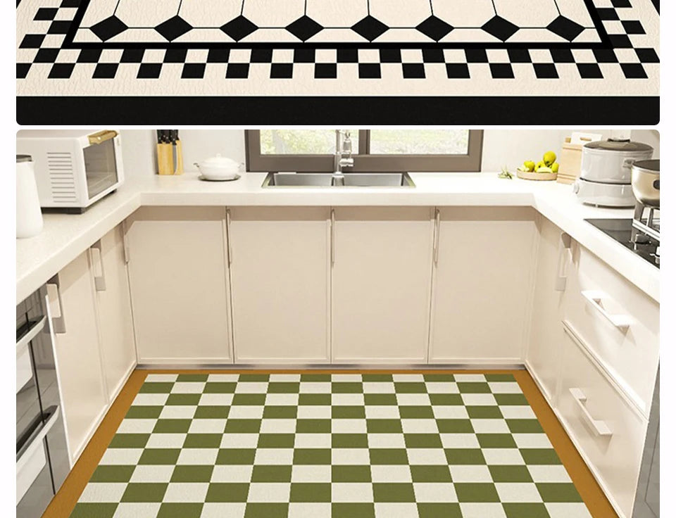 Kitchen Carpet Large Anti-slip Pvc Leather Waterproof Oil-proof Floor Mat Black White Checkerboard Carpets Home Decoration Rug