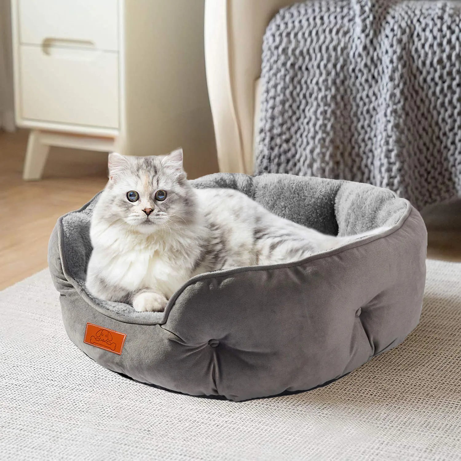 Pet Bed for Small and Large Pets, Soft, Washable, Non-Slip Base, Water Resistant, Grey, 50 cm