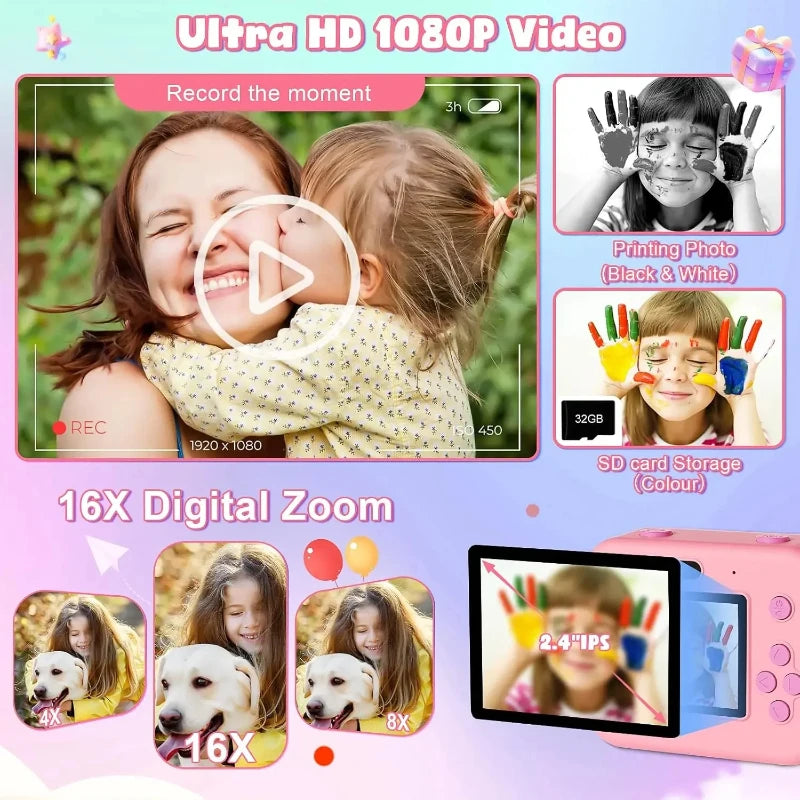 Digital Children Camera with Instant Print Video Recording 32G Card and Thermal Printing - Perfect Gift for Kids Educational Toy