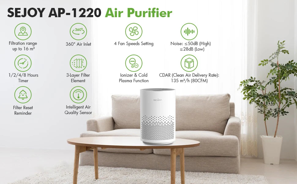 True HEPA Air Purifier Hepa Filter,4 Speeds,Timers Ionizer Cold Plasma 360° Air Inlet 99.9% Removal Rate For Indoor Bedroom