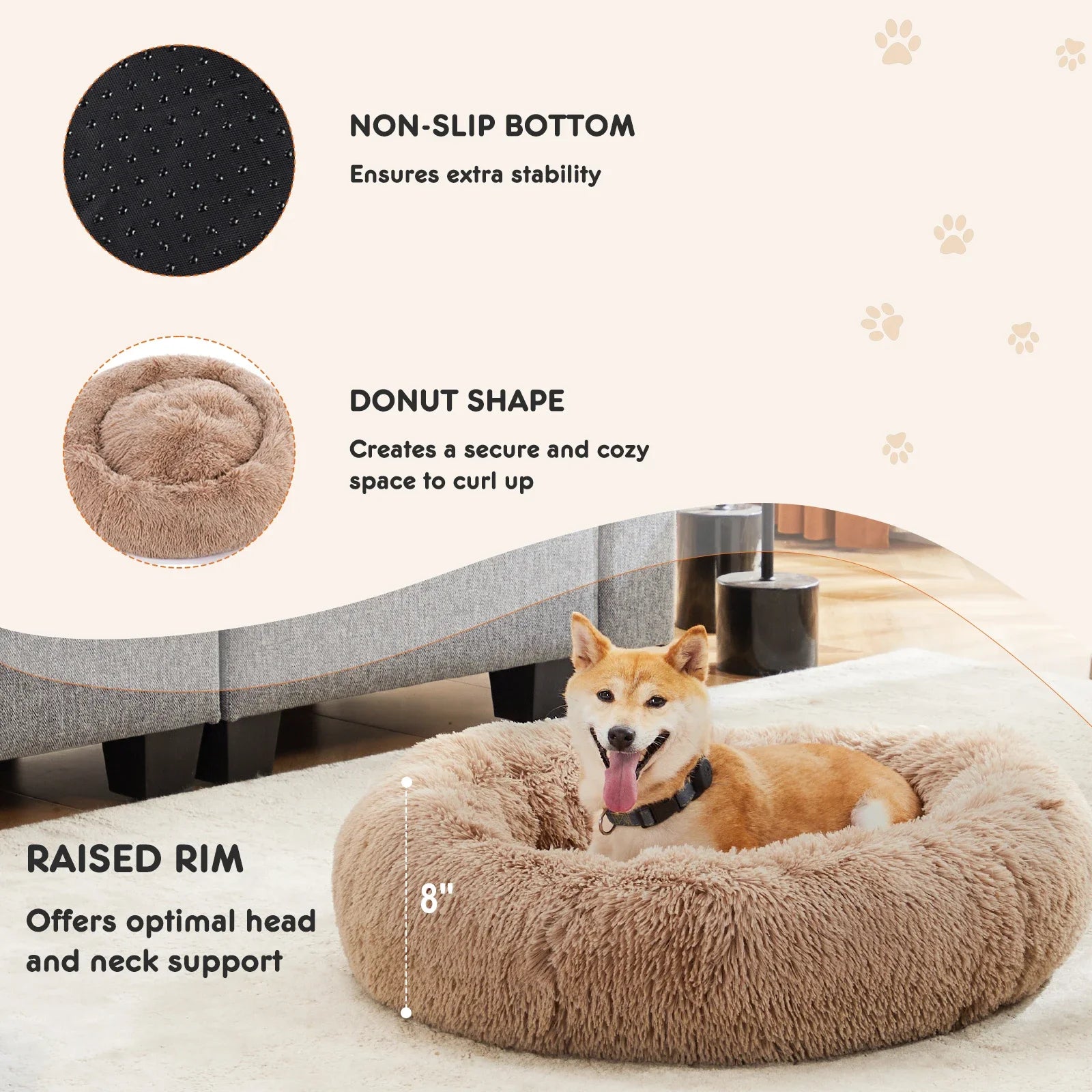 Calming Dog Bed for Medium to Large Dogs Washable Large Pet Bed Anti-Slip Round Fluffy Plush Faux Fur Dog Bed Silicone mat pet