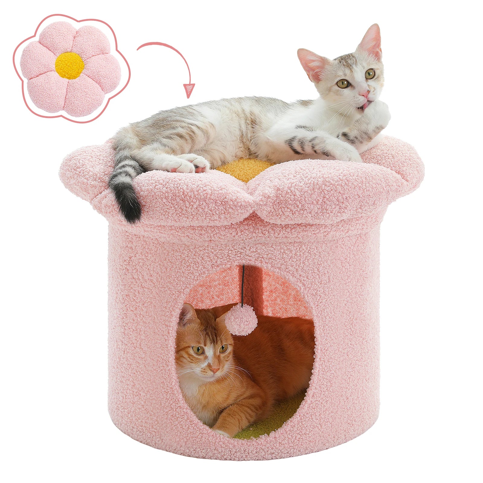 Cat Beds for Indoor Cats, Large Cat House with Removable Flower Cat Bed, Cute Cat Cave Cat Hideaway, Indoor Cat House Condo