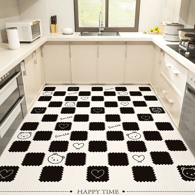 Kitchen Carpet Large Anti-slip Pvc Leather Waterproof Oil-proof Floor Mat Black White Checkerboard Carpets Home Decoration Rug