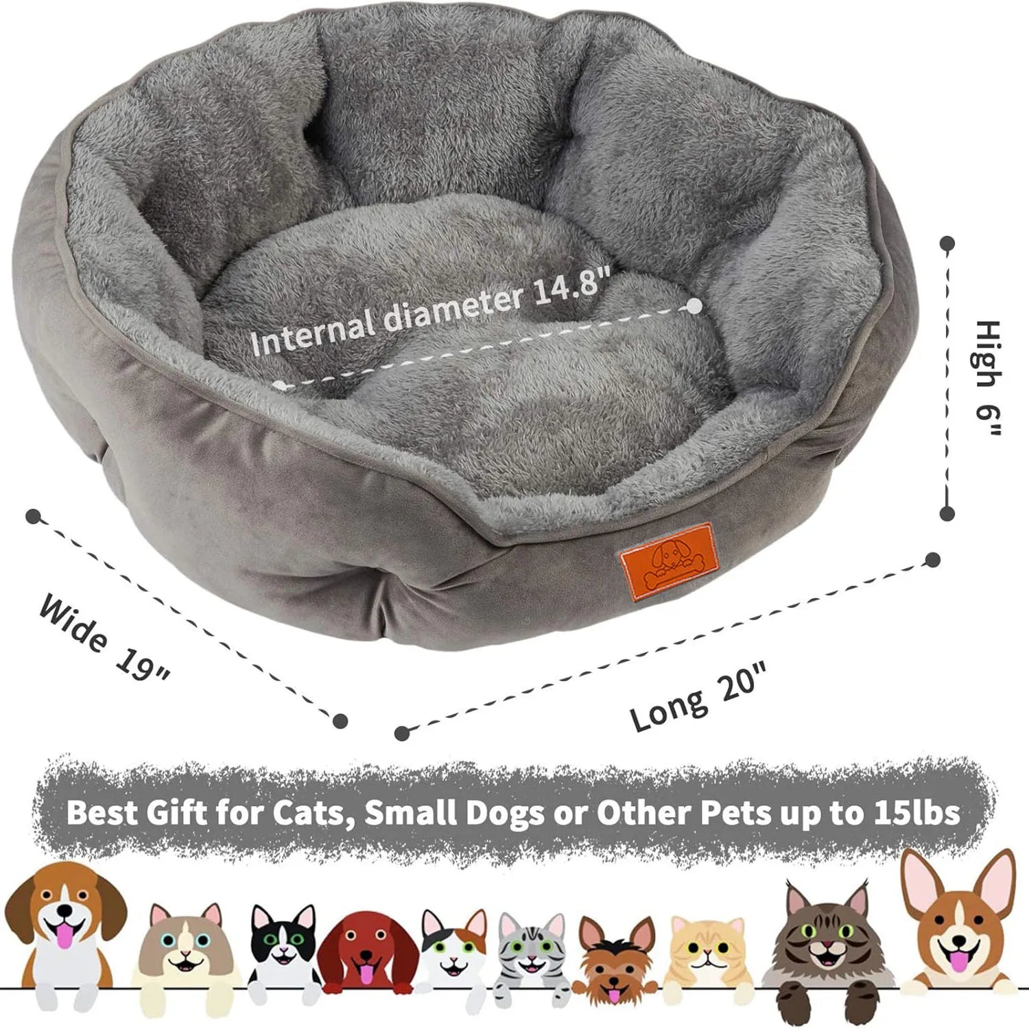 Pet Bed for Small and Large Pets, Soft, Washable, Non-Slip Base, Water Resistant, Grey, 50 cm