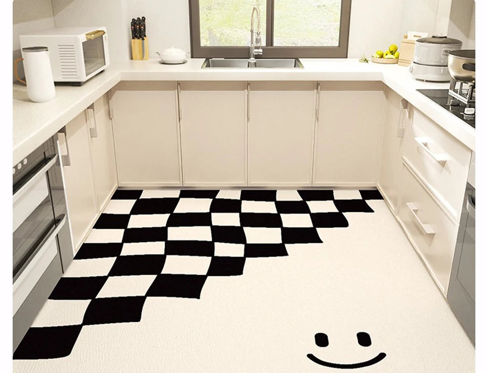 Kitchen Carpet Large Anti-slip Pvc Leather Waterproof Oil-proof Floor Mat Black White Checkerboard Carpets Home Decoration Rug