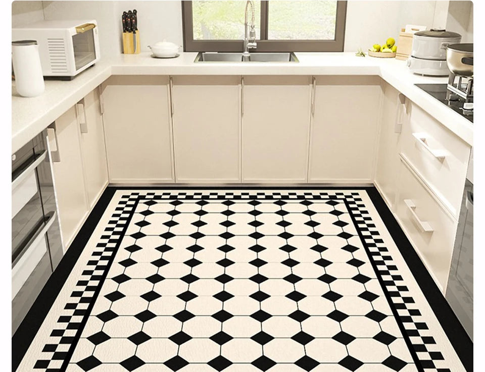 Kitchen Carpet Large Anti-slip Pvc Leather Waterproof Oil-proof Floor Mat Black White Checkerboard Carpets Home Decoration Rug