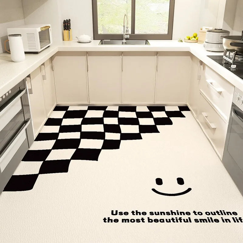 Kitchen Carpet Large Anti-slip Pvc Leather Waterproof Oil-proof Floor Mat Black White Checkerboard Carpets Home Decoration Rug