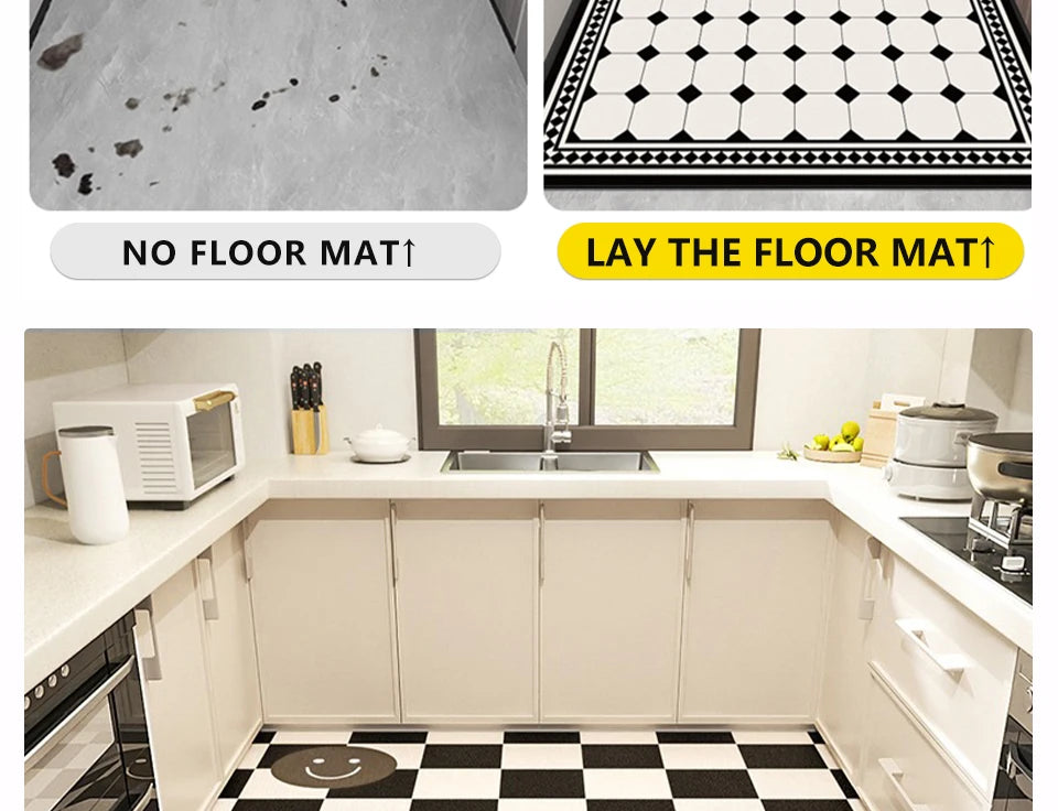 Kitchen Carpet Large Anti-slip Pvc Leather Waterproof Oil-proof Floor Mat Black White Checkerboard Carpets Home Decoration Rug