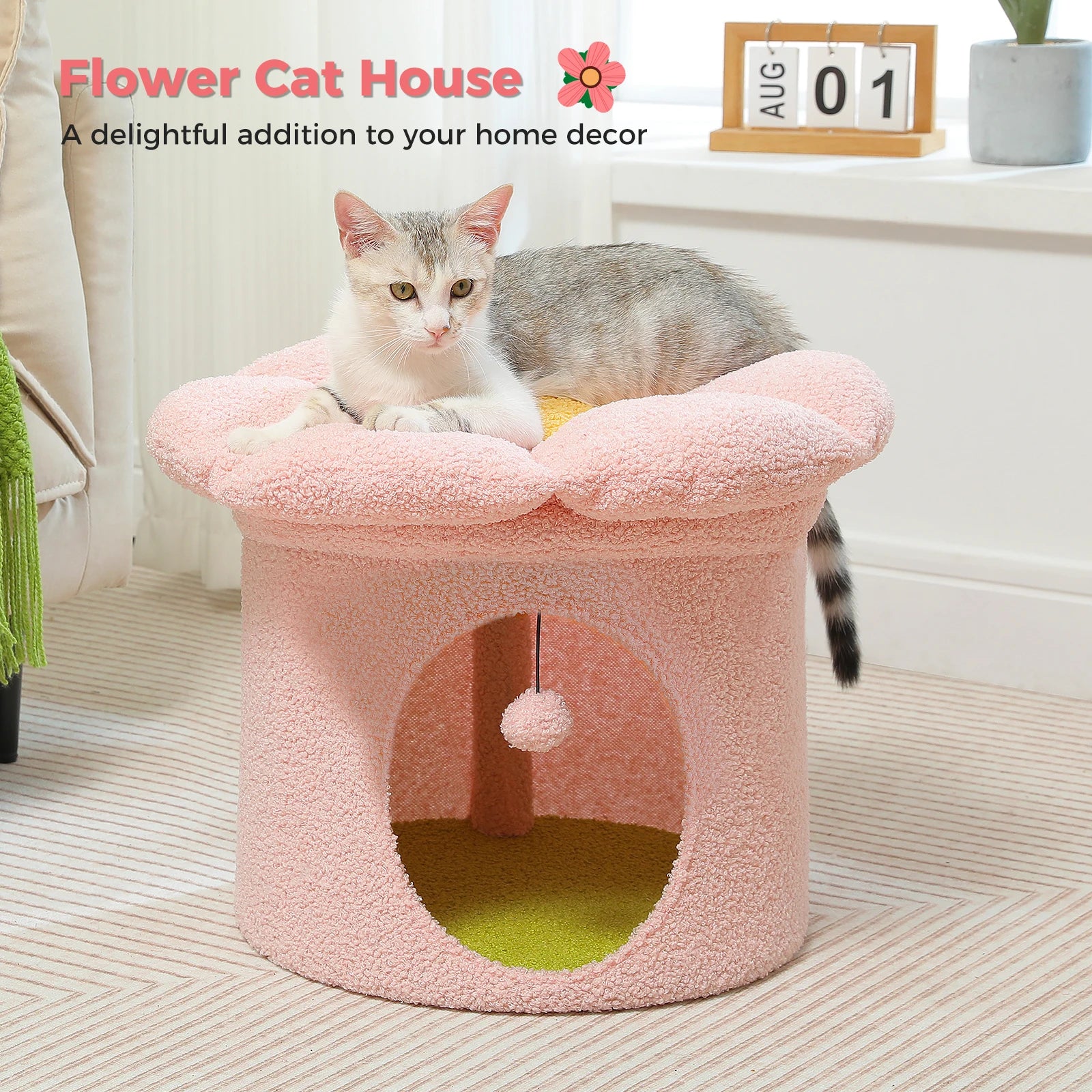 Cat Beds for Indoor Cats, Large Cat House with Removable Flower Cat Bed, Cute Cat Cave Cat Hideaway, Indoor Cat House Condo