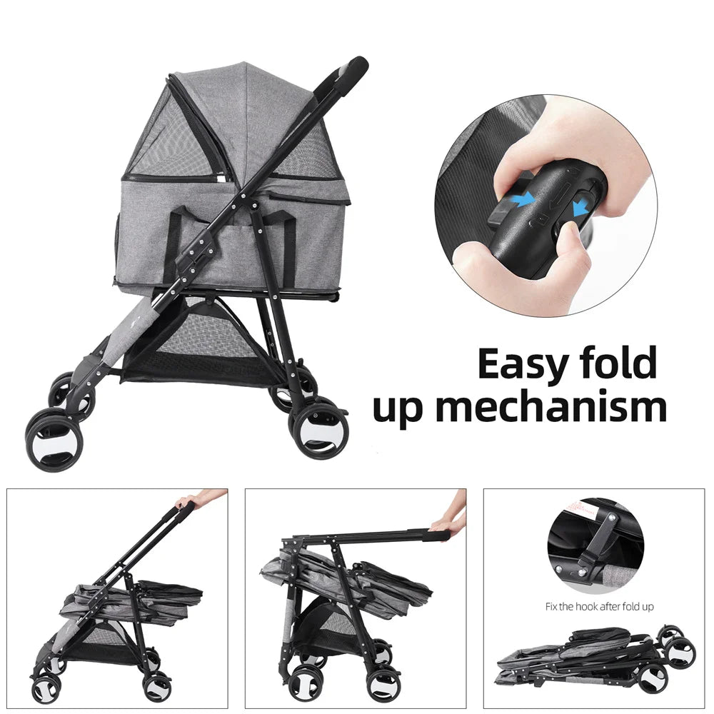 Pet Dog Stroller Foldable Travel Carrier Strolling Cart Cat Dog Pushchair Jogger Dog Pram Cat Buggy with 4 Wheels and Rain Cover