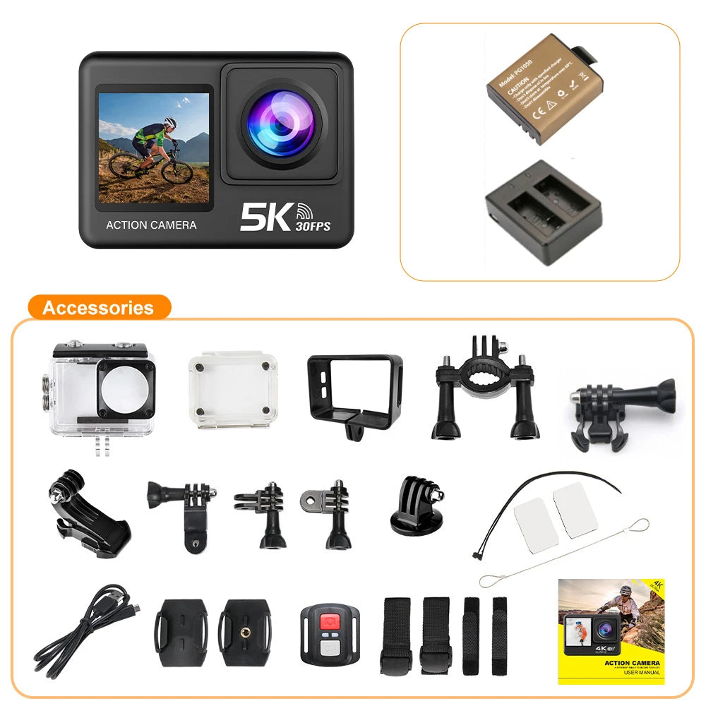 5K Action Camera 4K60FPS 2.0 Inch Touch Screen Wi-Fi 170° Wide Angle 30M Waterproof Helmet Video Recording Sports Cameras