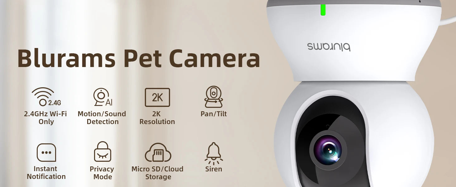 Blurams 2.4＆5G WiFi Indoor Camera, 2K, 360° PTZ Pet Dog IP CCTV Camera with Phone App, 2-Way Talk, Night Vision, for Home Securi