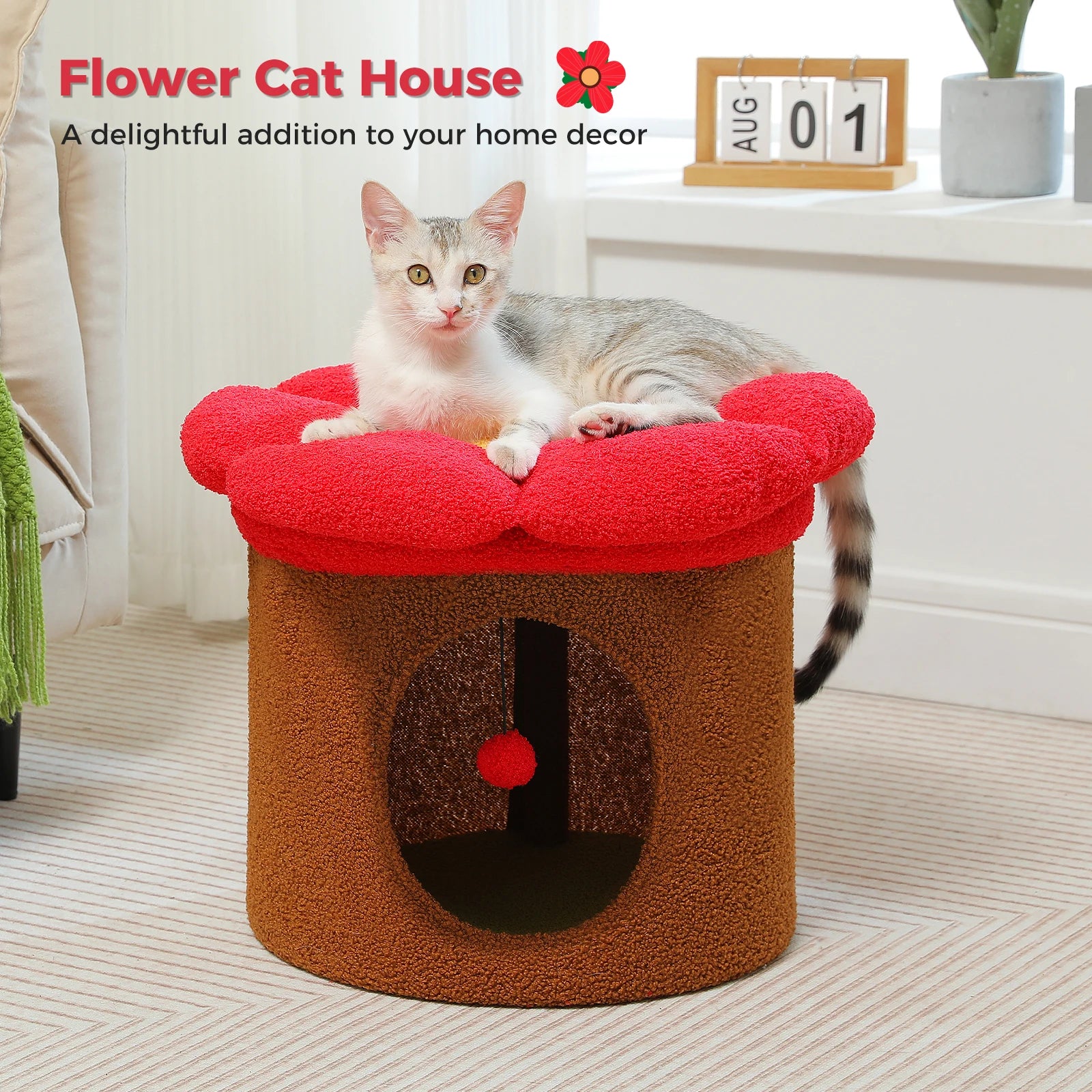 Cat Beds for Indoor Cats, Large Cat House with Removable Flower Cat Bed, Cute Cat Cave Cat Hideaway, Indoor Cat House Condo