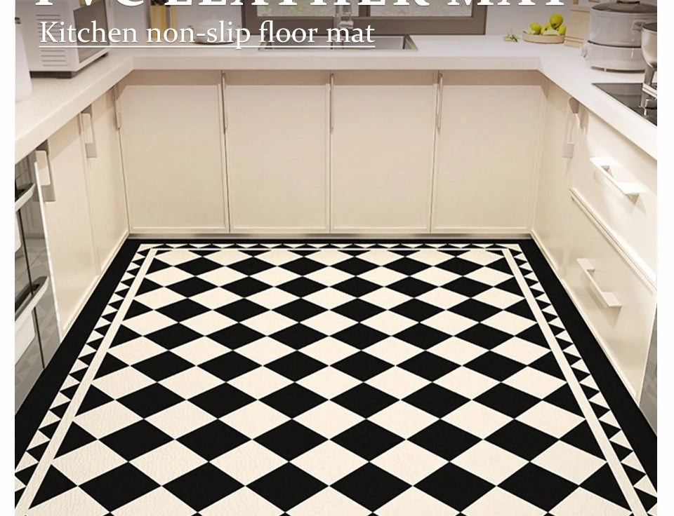 Kitchen Carpet Large Anti-slip Pvc Leather Waterproof Oil-proof Floor Mat Black White Checkerboard Carpets Home Decoration Rug