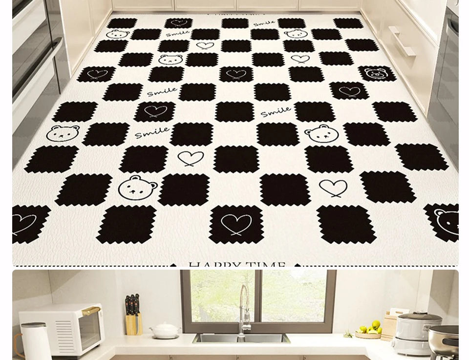 Kitchen Carpet Large Anti-slip Pvc Leather Waterproof Oil-proof Floor Mat Black White Checkerboard Carpets Home Decoration Rug