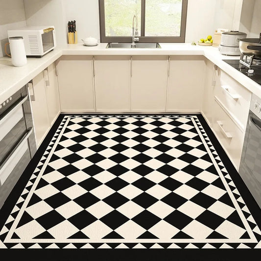 Kitchen Carpet Large Anti-slip Pvc Leather Waterproof Oil-proof Floor Mat Black White Checkerboard Carpets Home Decoration Rug