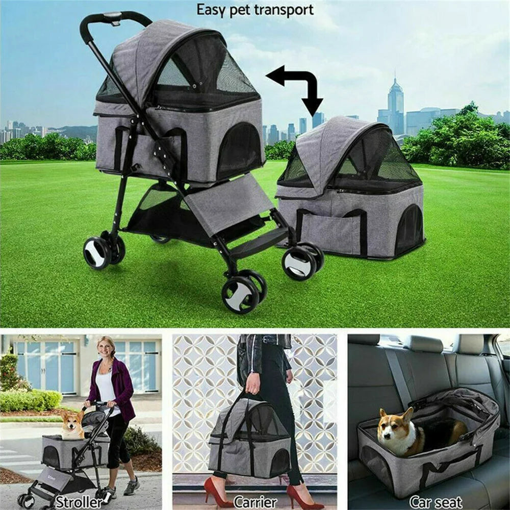 Pet Dog Stroller Foldable Travel Carrier Strolling Cart Cat Dog Pushchair Jogger Dog Pram Cat Buggy with 4 Wheels and Rain Cover