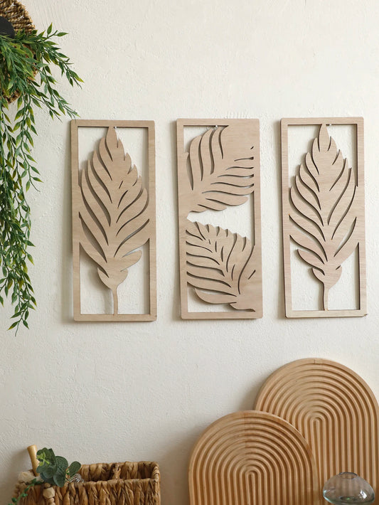 3 Pcs Wooden Art Wall Decor Boho Leaf Sign Wall Accent Rustic Palm Leaf Wood Wall Hanging Sculpture Vintage Tropical Plant Decor