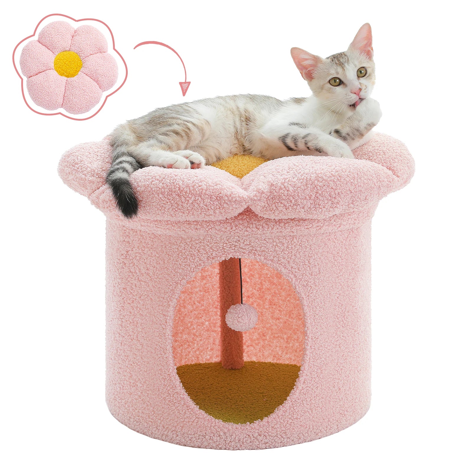 Cat Beds for Indoor Cats, Large Cat House with Removable Flower Cat Bed, Cute Cat Cave Cat Hideaway, Indoor Cat House Condo