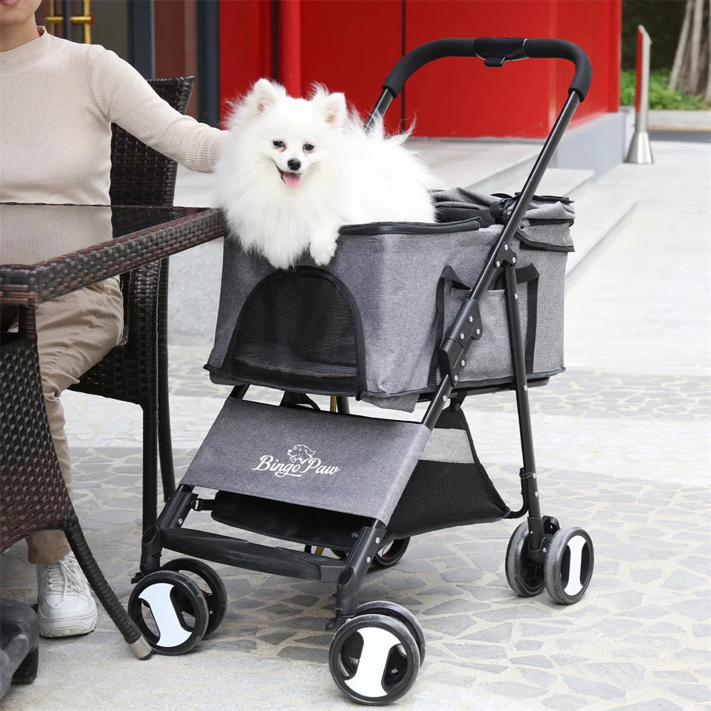 Pet Dog Stroller Foldable Travel Carrier Strolling Cart Cat Dog Pushchair Jogger Dog Pram Cat Buggy with 4 Wheels and Rain Cover