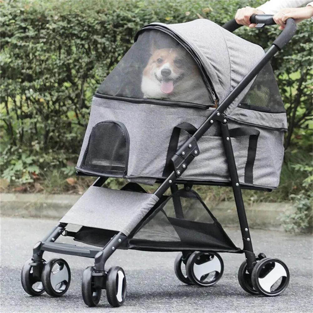 Pet Dog Stroller Foldable Travel Carrier Strolling Cart Cat Dog Pushchair Jogger Dog Pram Cat Buggy with 4 Wheels and Rain Cover