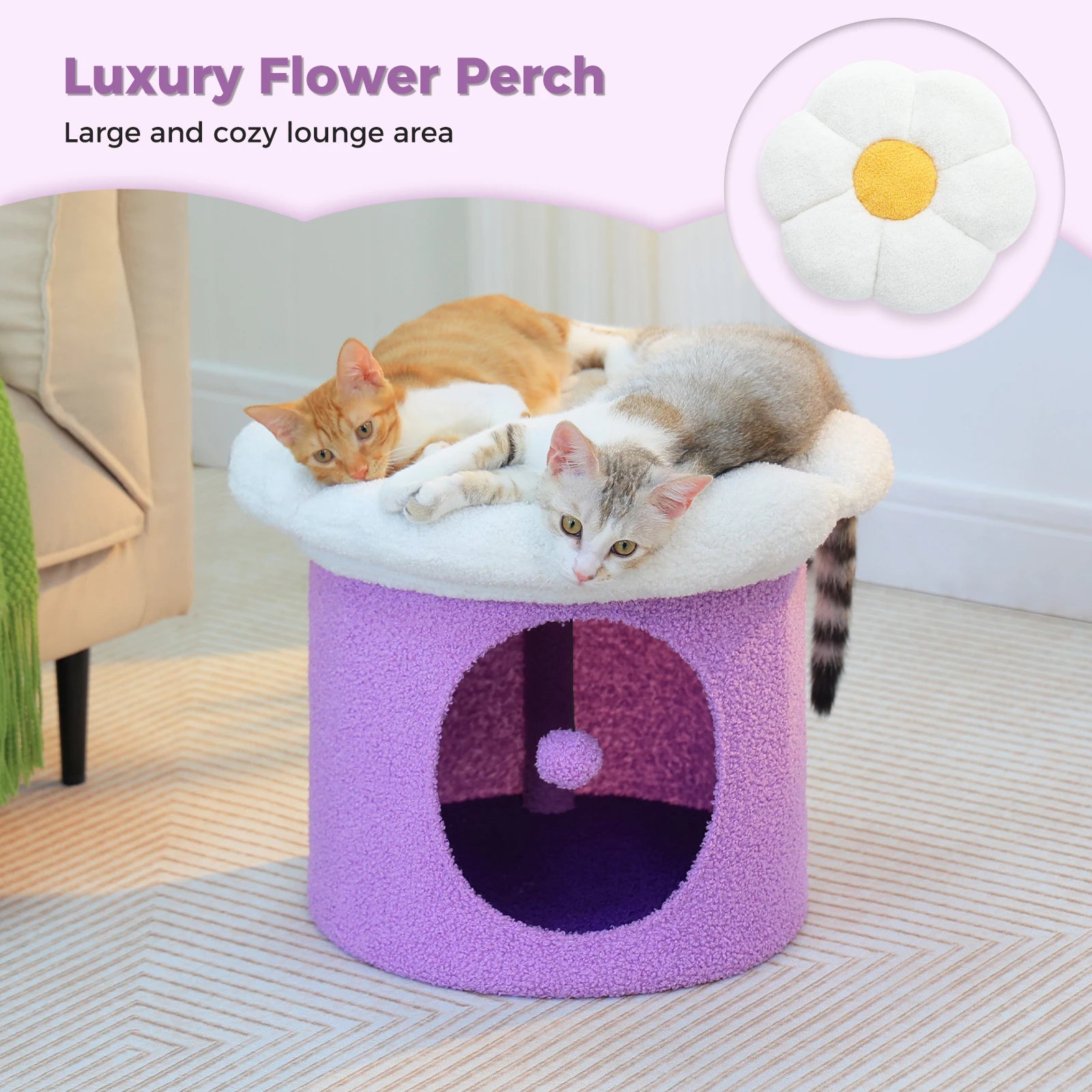 Cat Beds for Indoor Cats, Large Cat House with Removable Flower Cat Bed, Cute Cat Cave Cat Hideaway, Indoor Cat House Condo