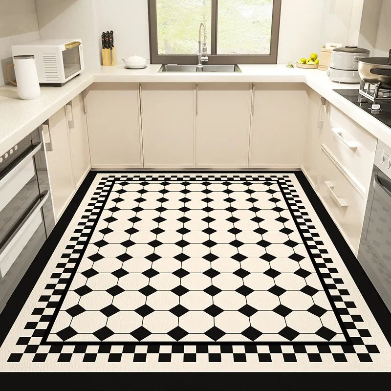 Kitchen Carpet Large Anti-slip Pvc Leather Waterproof Oil-proof Floor Mat Black White Checkerboard Carpets Home Decoration Rug